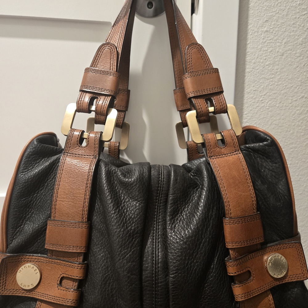 Vintage Michael Kors Harness Black Pebbled Leather Handbag with Gold Accents - Picture 1 of 7